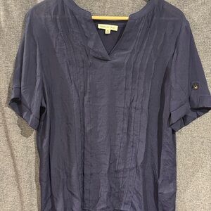 NWOT Parallel Skies Navy Women's Top XL Semi-Sheer Short Sleeve Button Detail